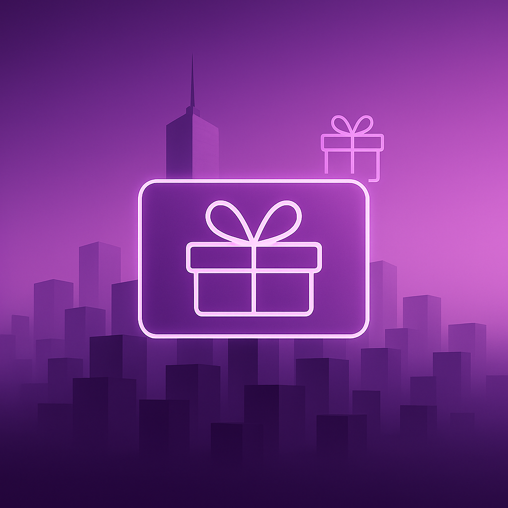 Purple gift card icon product image with floating gift box and skyscraper background