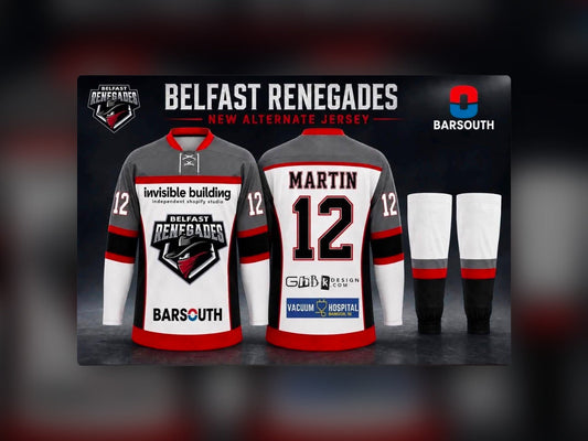Belfast Renegades new alternate white ice hockey jersey with Invisible Building as shirt sponsor