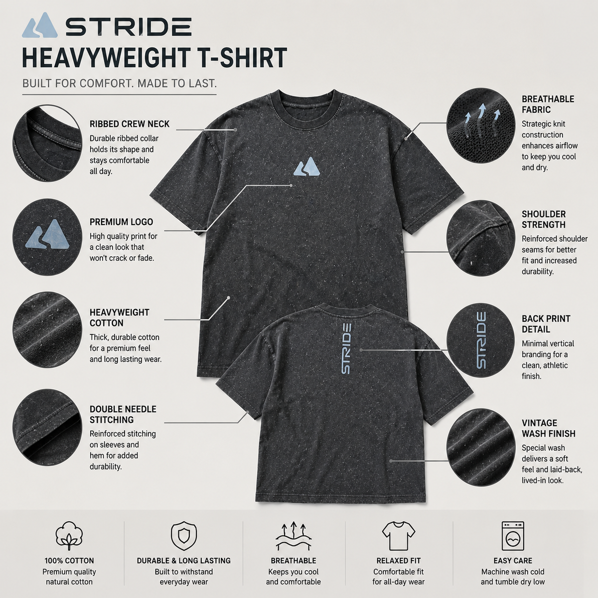 STRIDE Men’s Heavyweight Cotton T Shirt Washed Grey Cotton Drop Shoulder Casual Outdoor Streetwear