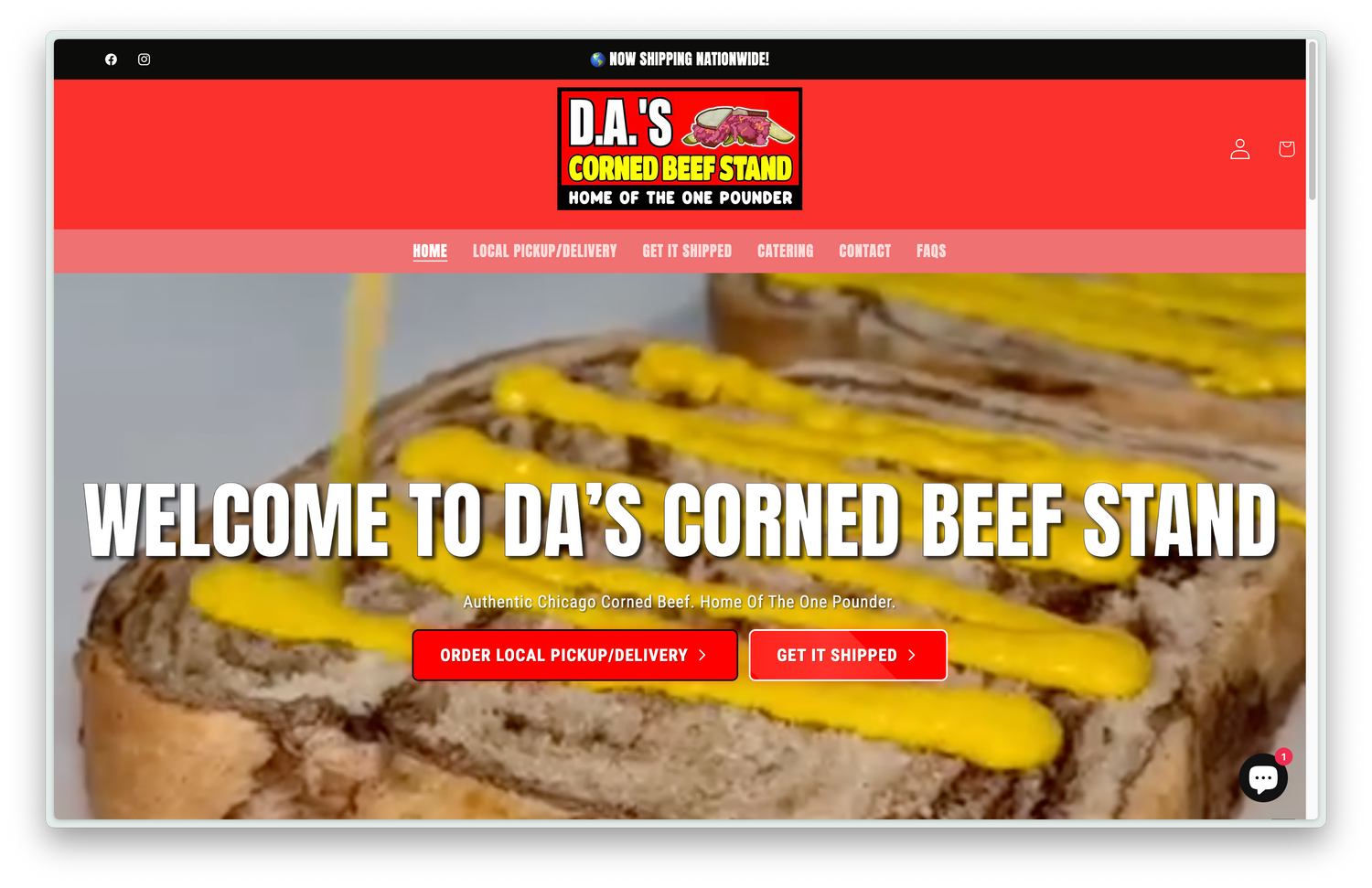 Shopify e-commerce homepage for D.A.'s Corned Beef Stand featuring bold food photography and custom UI