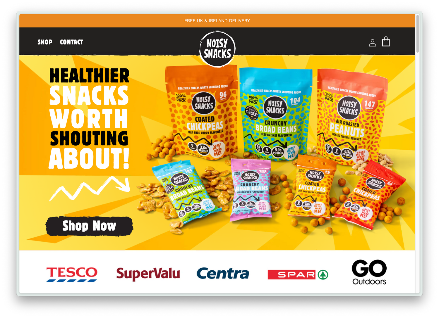Noisy Snacks branded banner with coated chickpeas, broad beans, peanuts and major UK/Ireland retailers including Tesco, Spar and GO Outdoors