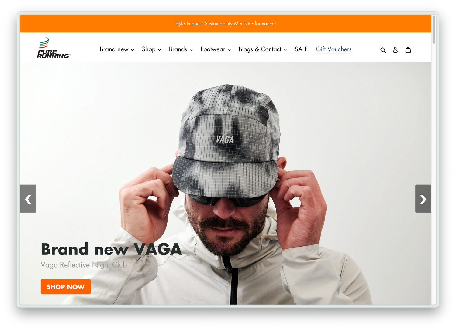 Close-up of VÅGA reflective cap worn by male runner on Pure Running Shopify store, emphasizing night safety design